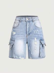 SHEIN Rozciągliwe, postrzępione spodenki jeansowe dla nastolatków z kieszenią na akordeon