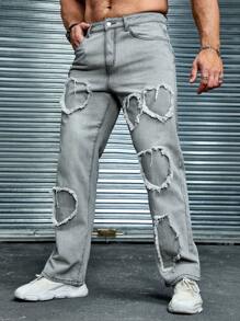 Manfinity LEGND Men Street-Style Light Grey Denim Jeans With Heart Print And Frayed Hem - Light Grey - View 6