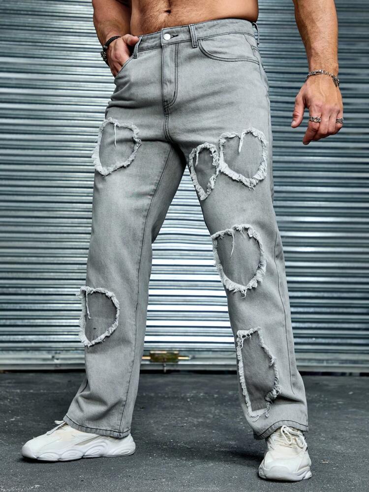 Men Street-Style Light Grey Denim Jeans With Heart Print And Frayed Hem