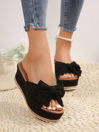 女款高跟楔形平台涼鞋，舒適黑色拖鞋，厚底，夏季女士滑動平底給您舒適的感覺