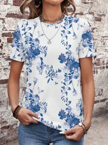 EMERY ROSE 夏季女款圓領短袖修身T卹，葉子印花設計，休閒款式