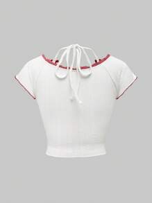 ROMWE Kawaii Màu sắc dễ thương Thắt lưng bó sát xếp li Mock Áo thun dây 2 trong 1 dành cho nữ - trắng - Xem 2