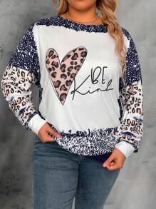 SHEIN LUNE 加大碼心形和字母印花日常休閒長袖運動衫 - 彩色 - 查看 1