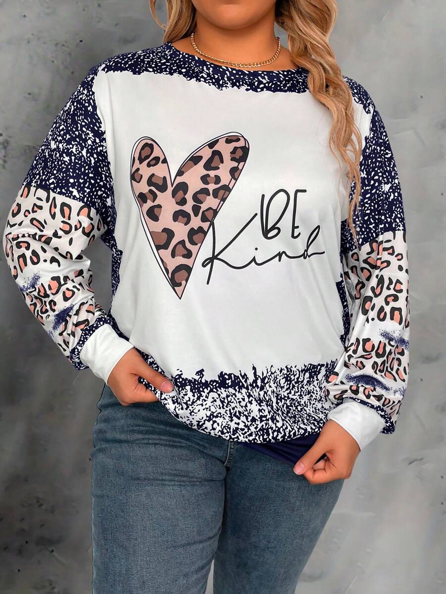 SHEIN LUNE 加大碼心形和字母印花日常休閒長袖運動衫 - 彩色 - 查看 1