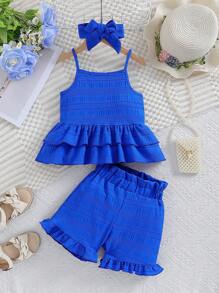 SHEIN Young Girls' Summer Solid Color Double-Layer Ruffle Hem Tank Top And Shorts Set With Hairband, Cute 2pcs/Set