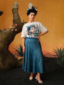 Frida Kahlo X SHEIN Plus Size Floral And Letter Print Flare Skirt - Green - View 7