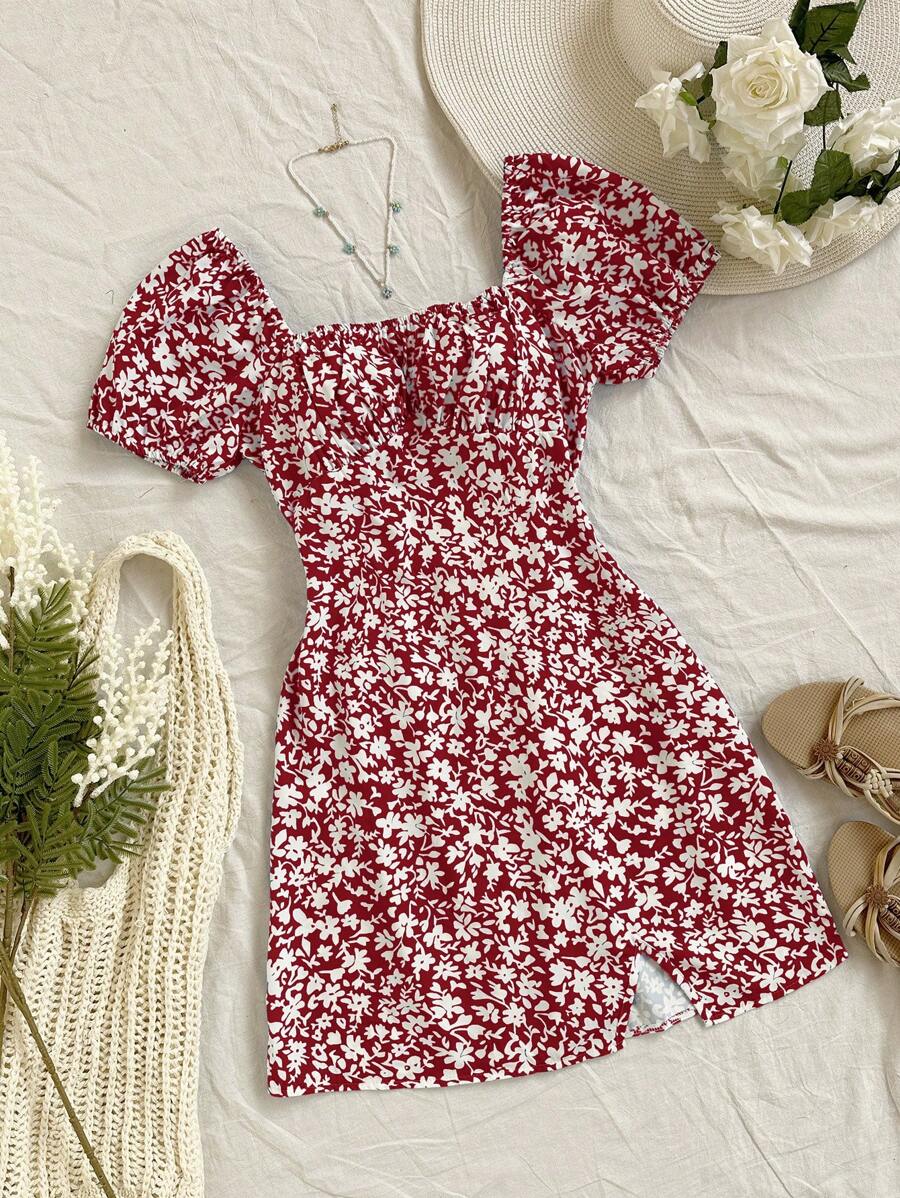 Soleia Vestido de verano de manga corta para mujer con cuello cuadrado y estampado floral estilo bohemio - Burdeos - Ver 1