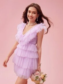 Enchnt Vestido sin espalda dulce de verano para mujer con tiras cruzadas y mallas de capas múltiples unicolor - Púrpura malva - Ver 8