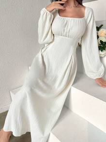 Modelyn 女士时尚方领纯色收腰长袖连衣裙超长款女士装长款晚礼服 - 杏色 - 查看 5