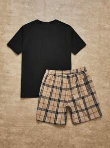Manfinity VCAY Checkered Bear Pattern Printed T-shirt And Shorts Set - Black - View 2