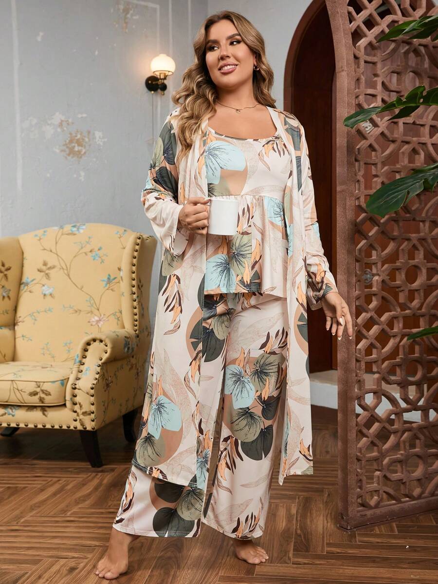 Plus 3pcs Tropical Print Ruffle Hem PJ Set / Pajama Set