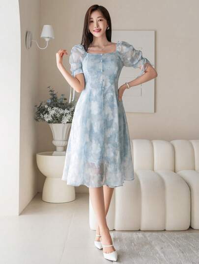 DAZY Women Chiffon Printed Puff Sleeve Dress Sundress,Casual Women Dresses
