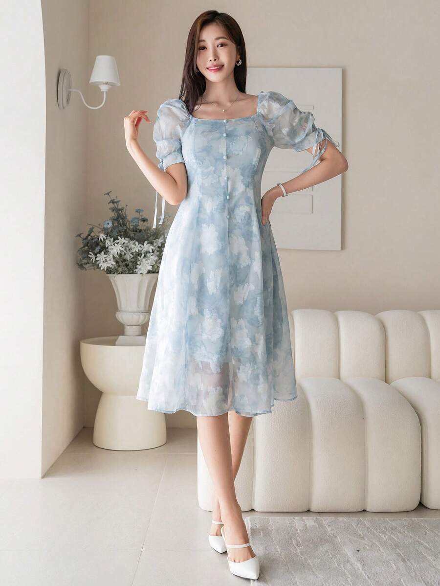 DAZY 女士雪纺印花泡泡袖连衣裙太阳裙，休闲女士连衣裙 - 藍色 - 查看 1