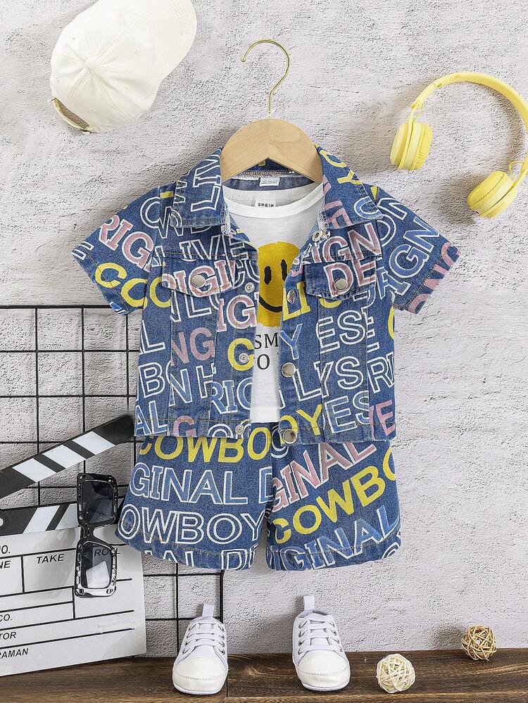 Baby Boy 3pcs/Set Summer Outfits, Denim Jacket With Round Neck Top And Denim Shorts