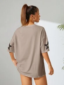 INAWLY 女士夏季宽松休闲 T 恤，带字母印花和落肩图案 T 恤女式上衣 - 卡其色 - 查看 2