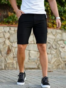 Men Plain Color Skinny Fit Chino Shorts, For Summer - Black - View 1