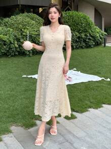 DAZY 蕾丝边 V 领收腰美人鱼下摆短袖女式连衣裙优雅太阳裙，婚礼连衣裙 - 杏色 - 查看 6