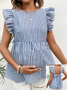 SHEIN Vertical Striped Minimalist Maternity Top With Ruffled Sleeves - Blue - View 1