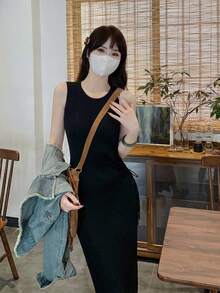 春夏季休閒純色側邊束繩修身無袖毛衣連衣裙 - 黑色 - 查看 8