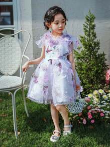 Young Girls Birthday Wedding Party Gorgeous Princess Dress With Butterfly Pattern & Strapless Pink Long Skirt Dress - White - View 6