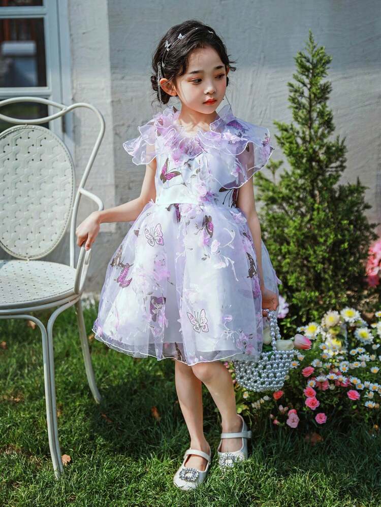 Young Girls Birthday Wedding Party Gorgeous Princess Dress With Butterfly Pattern & Strapless Pink Long Skirt Dress