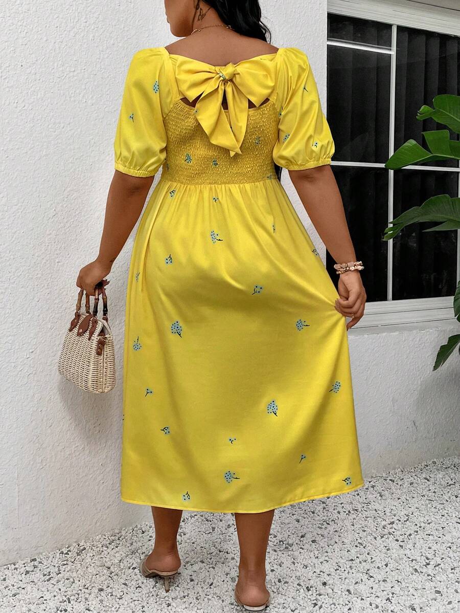 SHEIN Clasi Plus Size Nữ Mùa Hè Họa Tiết Hoa Thanh Lịch Ngày Lễ Hở Lưng Đầm Nơ Trang Trí Và Tay Phồng Ngắn - Màu vàng - Xem 1