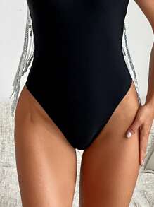 SHEIN Swim Sparkling Halter Neck Hollow Out One-Piece Swimsuit With Tassel For Beach Vacation Summer - Black - View 3