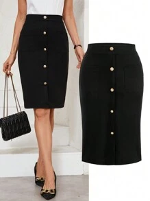 SHEIN Clasi Women's Front Button Metal Detail Skirt