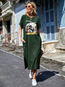SHEIN LUNE 女性時尚風景印花短袖T恤裙 - 墨綠色 - 查看 4