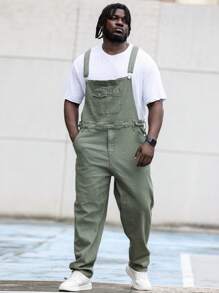 Manfinity Homme Nam Plus Kích Thước Màu Trơn Không Tay Denim Tổng Thể Có Túi Baggy Tổng Thể Trơn Màu Xanh Ô Liu Đi Ra Tổng Thể - xanh quân đội - Xem 6