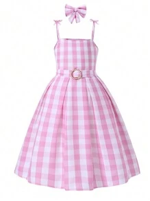 青少年女孩格纹结肩吊带连衣裙，带领结，度假，夏季，旅行 - 粉色 - 查看 1