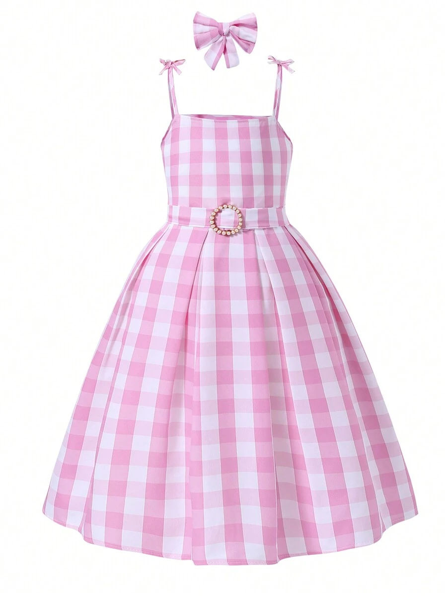 青少年女孩格纹结肩吊带连衣裙，带领结，度假，夏季，旅行 - 粉色 - 查看 1