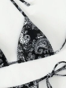 SHEIN Swim Women Printed Halter Neck Bikini Set With Triangle Bra And Tie Side Bottom, Perfect For Holiday, Random Print,Summer Beach