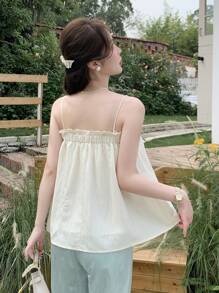 DAZY 女士纯色夏季荷叶边度假吊带背心娃娃装上衣 - 米色 - 查看 5