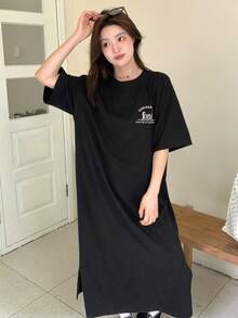 DAZY 女士休闲长袖字母印花连衣裙 - 黑色 - 查看 4