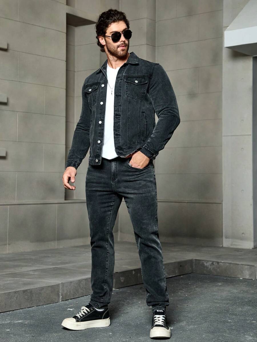 Manfinity Homme Men's Light Grey Denim Jacket And Jeans Casual Two-Piece Set - Light Grey - View 1