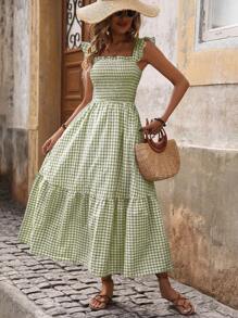 Breezaya Random Plaid & Floral Print Ruffle Trim Spaghetti Strap Vacation Leisure Dress Maxi Vacation Beach Outfits Women