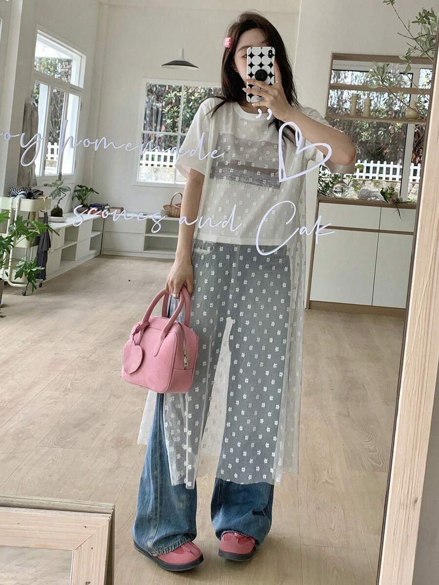 DAZY Round Neck Loose Fit Printed Short Sleeve T-Shirt - White - View 1