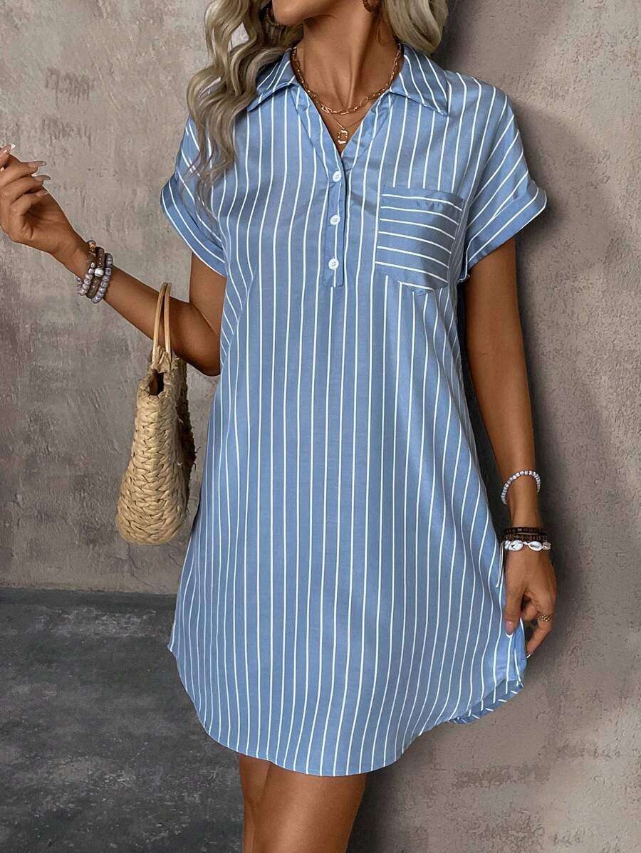 SHEIN LUNE Vestido Feminino Listrado Azul e Branco Fashion de Verão, Casual e Versátil - Azul - Visão 1