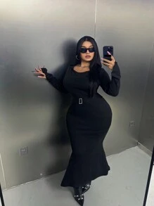 Flirla Plus Size Women's Casual Hooded Mermaid Hem Dress