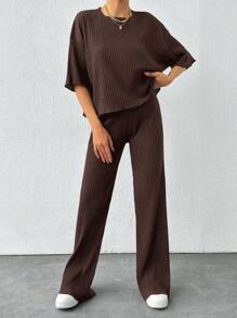 EURMUSE Spring/Summer Casual Solid Color Loose Fit Drop Shoulder T-Shirt And Straight Pants - Chocolate Brown - View 4