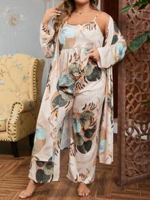Plus 3pcs Tropical Print Ruffle Hem PJ Set / Pajama Set