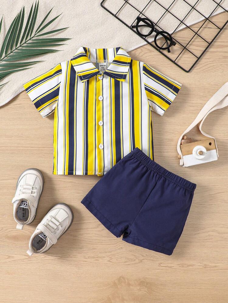 Baby Boy Simple Striped Short Sleeve Shirt And Shorts, Summer