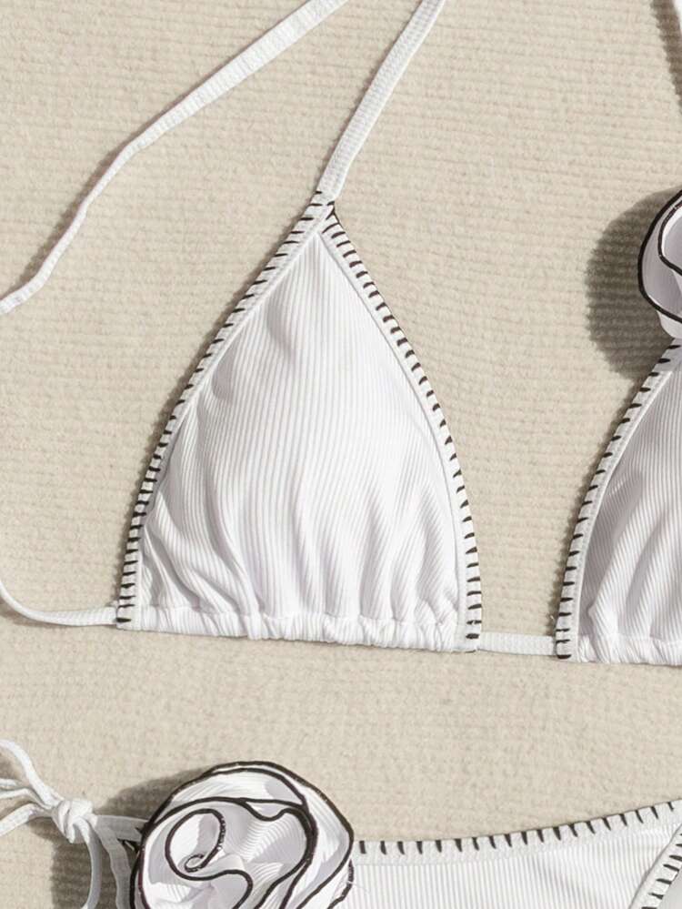 Ladies' Solid Color Simple Style Floral Detail Halter Neck Tie Bikini Set Summer Beach