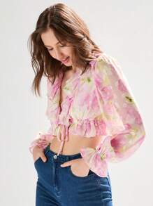 Enchnt Women Holiday Floral Printed Splice Tie Waist Cropped Top With Ruffled Hem - Pink - View 5