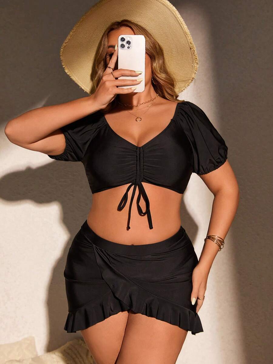 SHEIN Swim Curve Plus Size Solid Color Beach Swimwear Set Including Three Pieces: Bikini Set, Beach Skirt And Cover Up,Summer Beach - Black - View 1