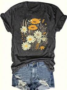 INAWLY 女士夏季休闲植物花卉印花短袖 T 恤图案 T 恤女式上衣 - 深灰色 - 查看 1