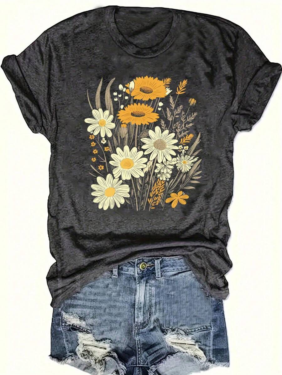 INAWLY 女士夏季休闲植物花卉印花短袖 T 恤图案 T 恤女式上衣 - 深灰色 - 查看 1