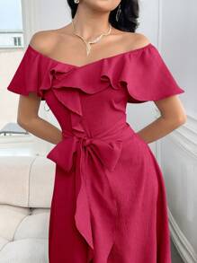 Modelyn Summer Women Elegant Off Shoulder Long Solid Color Dress With Ruffle Trim Long Evening Dresses - Rose Red - View 1