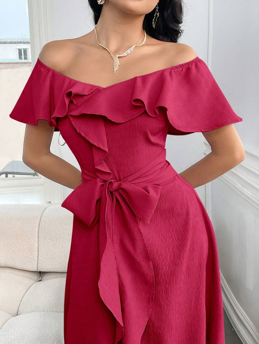 Modelyn Summer Women Elegant Off Shoulder Long Solid Color Dress With Ruffle Trim Long Evening Dresses - Rose Red - View 1